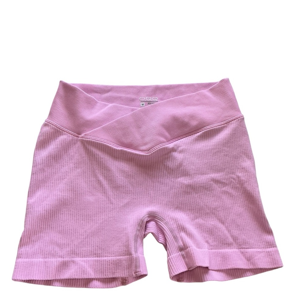 OQQ,Pink Ribbed High-Waisted Shorts, Size M